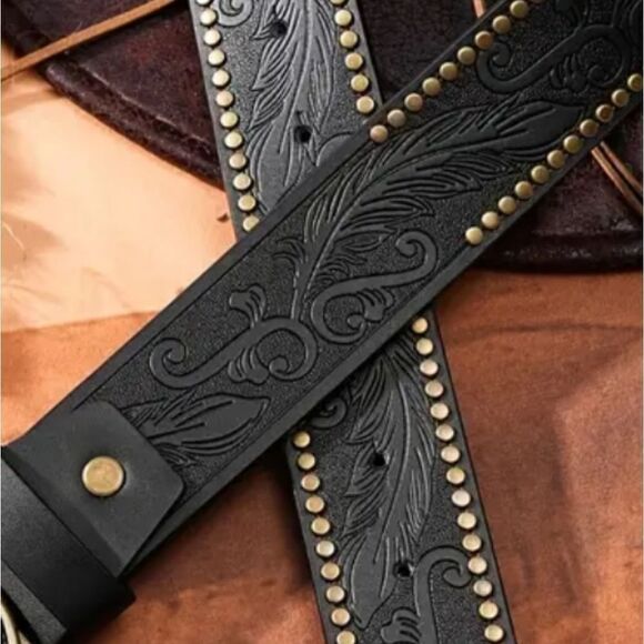 Fashion Vegan Black Leather Belt Boho Western Style Embossed Pattern Size XL - Picture 5 of 7